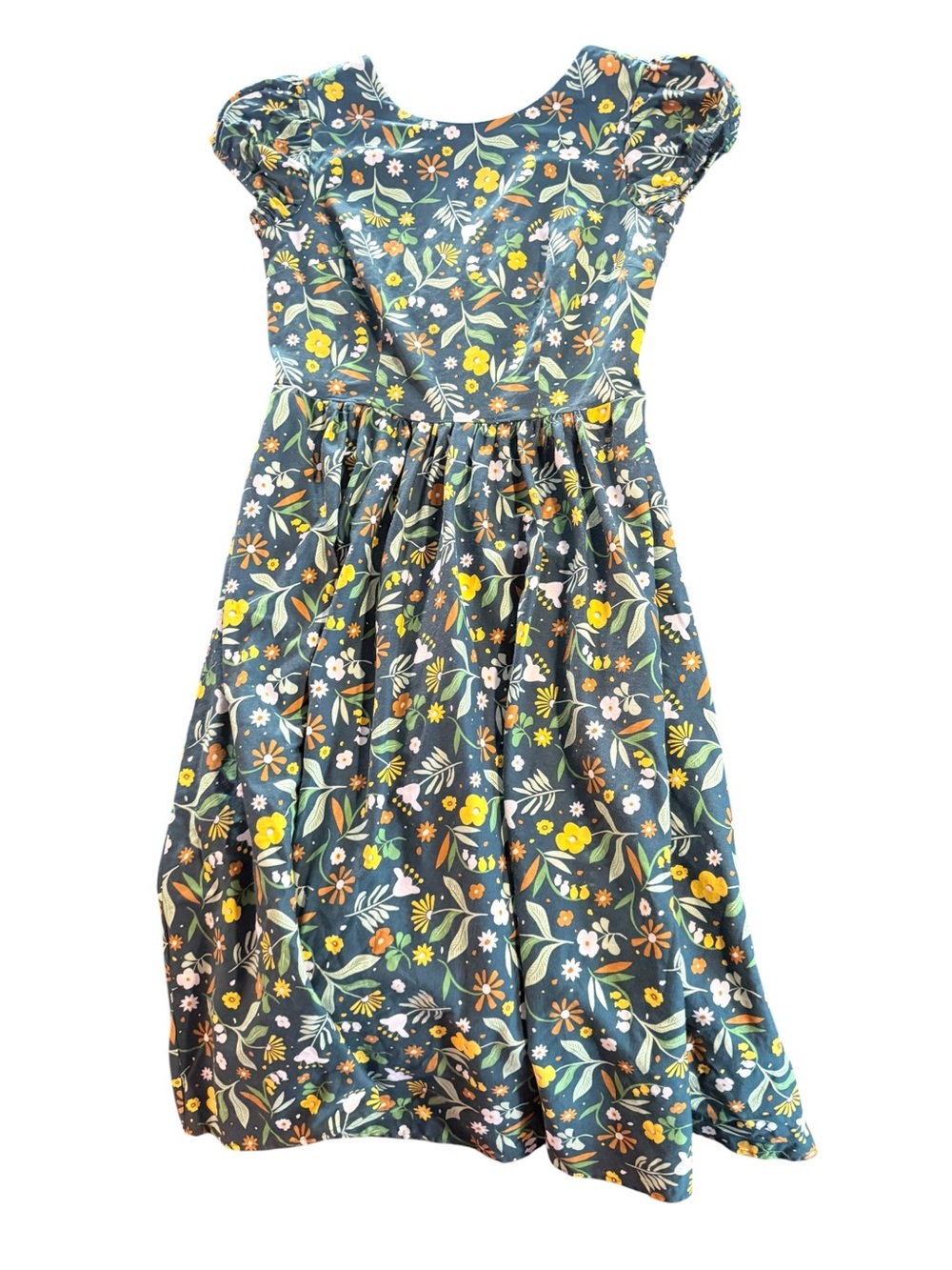 Floral Puff-Sleeve Midi Dress in Black and Yellow